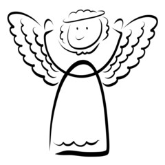 cute cheerful angel, stands with his hands raised to heaven, black outline