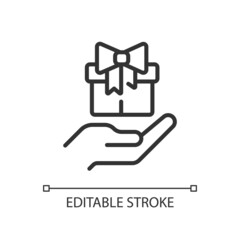 Obraz premium Free gift pixel perfect linear icon. Attracting potential customers. Marketing tactic. Promo products. Thin line illustration. Contour symbol. Vector outline drawing. Editable stroke. Arial font used