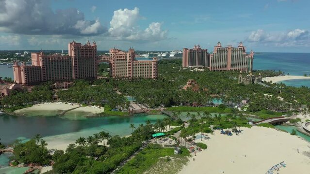 Aerial drone of Paradise Island in Nassau, Bahamas. View of Caribbean vacation hotels and resorts.