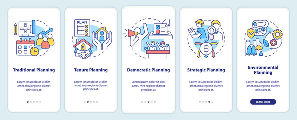 Types of planning onboarding mobile app screen. Tenure planning walkthrough 5 steps graphic instructions pages with linear concepts. UI, UX, GUI template. Myriad Pro-Bold, Regular fonts used