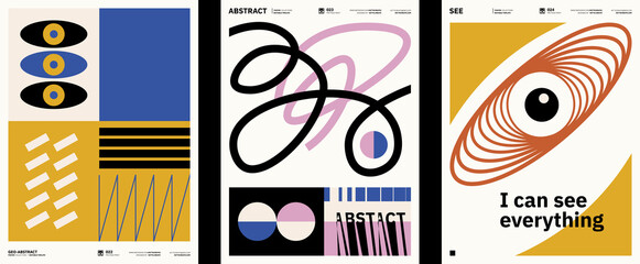 Abstract art posters collection. Vector template with primitive shapes elements, modern hipster style. Illustrations of simple shapes, line, circle.