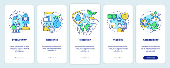 Fototapeta premium Sustainable land management objectives onboarding mobile app screen. Walkthrough 5 steps graphic instructions pages with linear concepts. UI, UX, GUI template. Myriad Pro-Bold, Regular fonts used