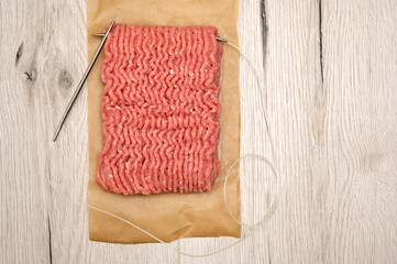 Beef Raw Minced Homemade Meat With Knitting Needles