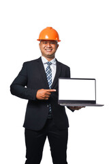 Portrait of a handsome chief engineer wearing a black suit and orange helmet holding a laptop isolated on white background, with clipping path copy space.