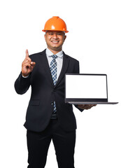 Portrait of a handsome chief engineer wearing a black suit and orange helmet holding a laptop isolated on white background, with clipping path copy space.