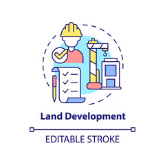 Land development concept icon. Land management practice abstract idea thin line illustration. Building construction. Isolated outline drawing. Editable stroke. Arial, Myriad Pro-Bold fonts used