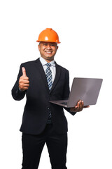 Portrait of a handsome chief engineer wearing a black suit and orange helmet holding a laptop isolated on white background, with clipping path.