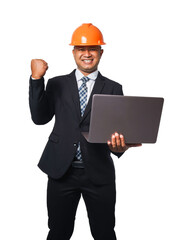 Portrait of a handsome chief engineer wearing a black suit and orange helmet holding a laptop isolated on white background, with clipping path.