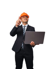 Portrait of a handsome chief engineer wearing a black suit and orange helmet holding a laptop isolated on white background, with clipping path.