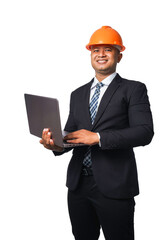 Portrait of a handsome chief engineer wearing a black suit and orange helmet holding a laptop isolated on white background, with clipping path.