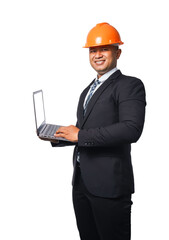Portrait of a handsome chief engineer wearing a black suit and orange helmet holding a laptop isolated on white background, with clipping path copy space.