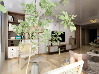 3D rendering,The design of the outdoor balcony of the urban residence is equipped with flowers, leisure tables, chairs and other decorations.