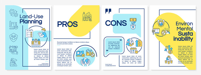 Naklejka premium Land use planning process blue and yellow brochure template. Pros and cons. Leaflet design with linear icons. 4 vector layouts for presentation, annual reports. Questrial, Lato-Regular fonts used