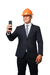 Portrait of a handsome chief engineer wearing a black suit and hard hat holding a phone. isolated on white background with clipping path