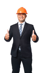 Portrait of a handsome chief engineer wearing a black suit and hard hat standing with a thumbs up. isolated on white background with clipping path