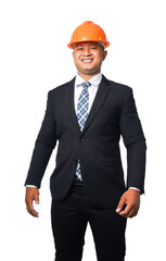 Portrait of a handsome chief engineer wearing a black suit and hard hat standing smiling happily. isolated on white background with clipping path