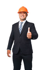 Portrait of a handsome chief engineer wearing a black suit and hard hat standing with a thumbs up. isolated on white background with clipping path