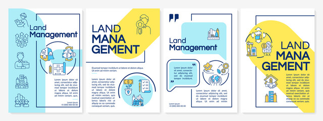 Sustainable land management blue and yellow brochure template. Construction. Leaflet design with linear icons. 4 vector layouts for presentation, annual reports. Questrial, Lato-Regular fonts used