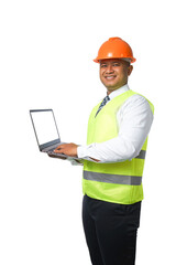 Portrait of a handsome chief engineer wearing a hard hat. Wearing a reflective tiger holding a laptop. isolated on a white background clipping path.copy space.
