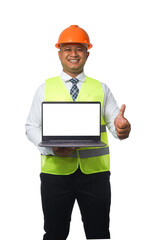 Portrait of a handsome chief engineer wearing a hard hat. Wearing a reflective tiger holding a laptop. isolated on a white background clipping path.copy space.