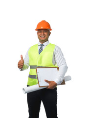 Portrait of a handsome chief engineer wearing a hard hat. Put on a reflective vest. Hold a clipboard and blueprints. isolated on a white background clipping path