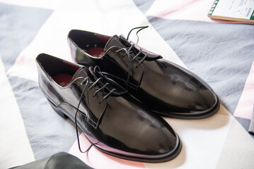 March 2022, Gorgeous new shiny men's shoes for groom, wedding