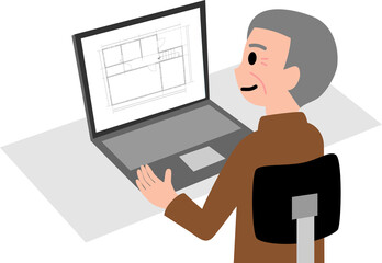 パソコンで図面を書く初老の男性