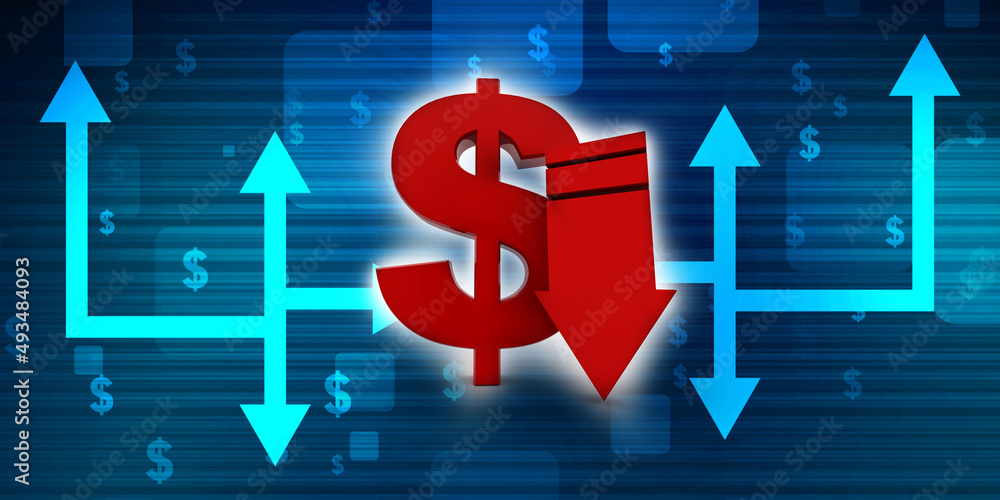 Poster 3d rendering dollar symbol with down arrow