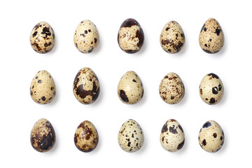A variety of quail eggs isolated on white background.