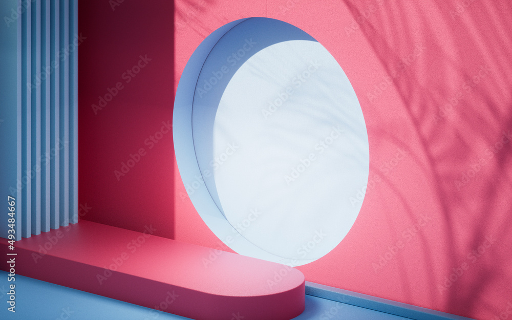 Poster empty stage with round door background, 3d rendering.