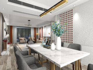 3D rendering, spacious dining room design next to the modern kitchen, with a beautiful dining table and greenery