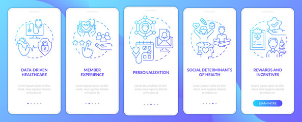 Healthcare macro trends blue gradient onboarding mobile app screen. Walkthrough 5 steps graphic instructions pages with linear concepts. UI, UX, GUI template. Myriad Pro-Bold, Regular fonts used