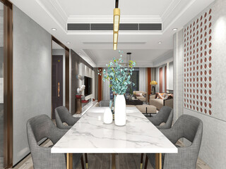 3D rendering, spacious dining room design next to the modern kitchen, with a beautiful dining table and greenery