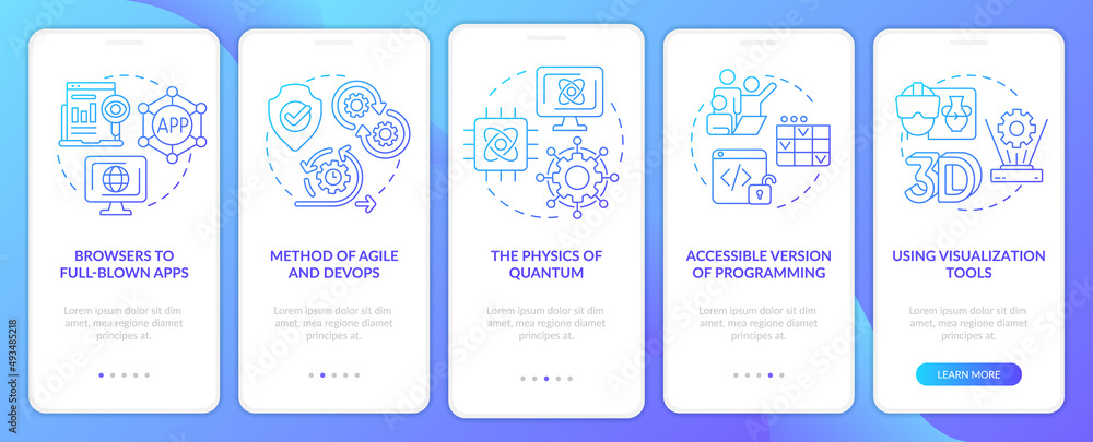 Poster macro trends in technology blue gradient onboarding mobile app screen. walkthrough 5 steps graphic i