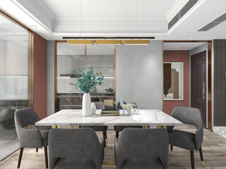 3D rendering, spacious dining room design next to the modern kitchen, with a beautiful dining table and greenery
