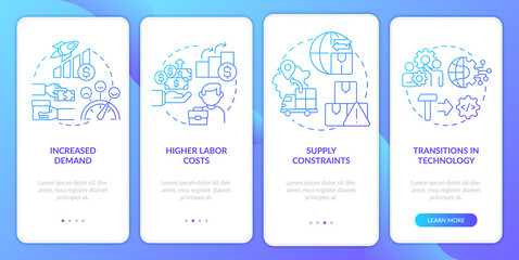 Naklejka premium Macro trends in economy blue gradient onboarding mobile app screen. Walkthrough 4 steps graphic instructions pages with linear concepts. UI, UX, GUI template. Myriad Pro-Bold, Regular fonts used