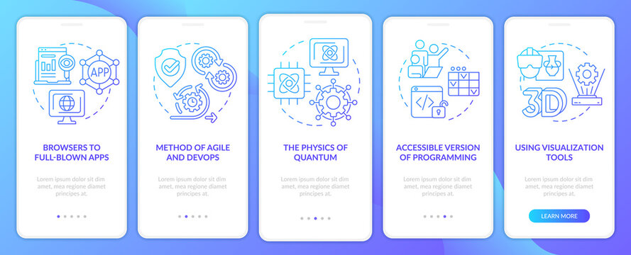 Macro trends in technology blue gradient onboarding mobile app screen. Walkthrough 5 steps graphic instructions pages with linear concepts. UI, UX, GUI template. Myriad Pro-Bold, Regular fonts used