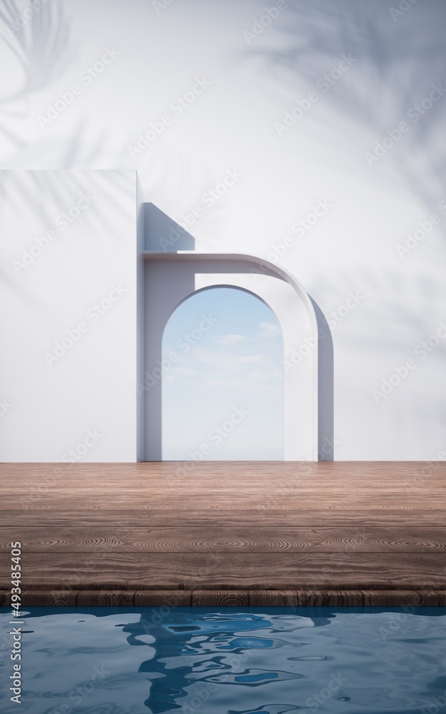 Poster empty floor with water surface background, 3d rendering.
