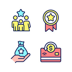 Cash awards pixel perfect RGB color icons set. Benefits program. Family bonus. Big financial reward. Isolated vector illustrations. Simple filled line drawings collection. Editable stroke