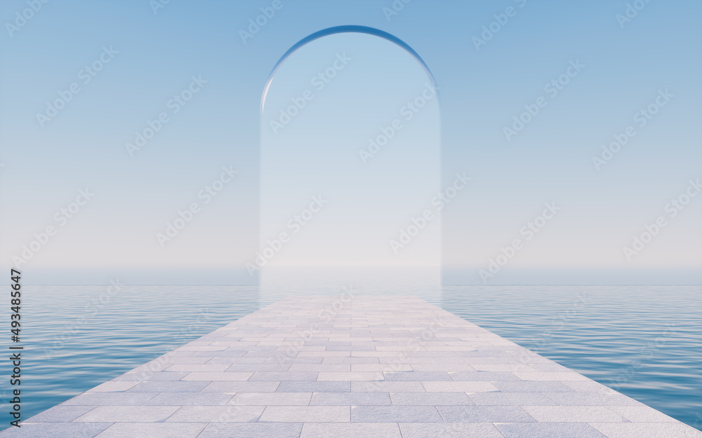 Poster empty floor with water surface background, 3d rendering.