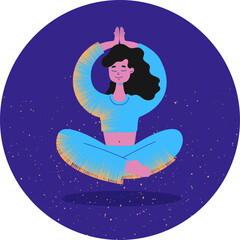 Levitation. A young woman is doing yoga and meditating. A girl in a lotus position makes an asana salutation to the sun and levitates. Person hand drawn vector Flat cartoon illustration.
