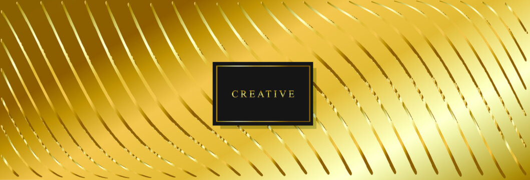 Luxury golden banner with black frame. Wavy and distort gold paint stripes. Oblique lines