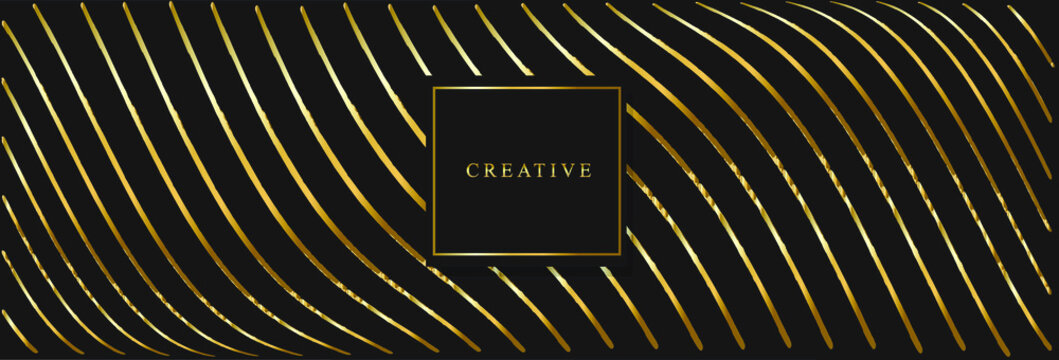 Luxurious black and gold banner. Wavy gold paint stripes on the dark background.Blank center frame for logo or company name.