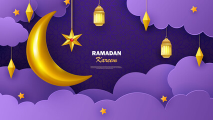 Fototapeta na wymiar Ramadan Kareem horizontal banner with 3d arabesque stars and flowers. Vector.