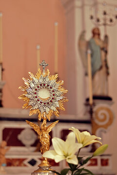 Ostensorial adoration - Monstrance (Ostensory) with the (Eucharist) Blessed Sacrament - The Host bears the inscription JHS, monogram of the name of Jesus