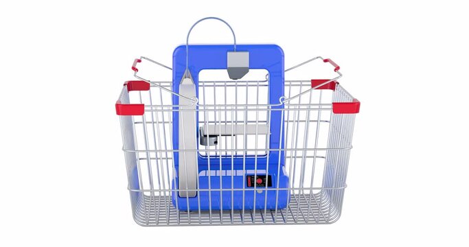 3D printer adding to shopping basket, 3d animation. 3D rendering isolated on white background
