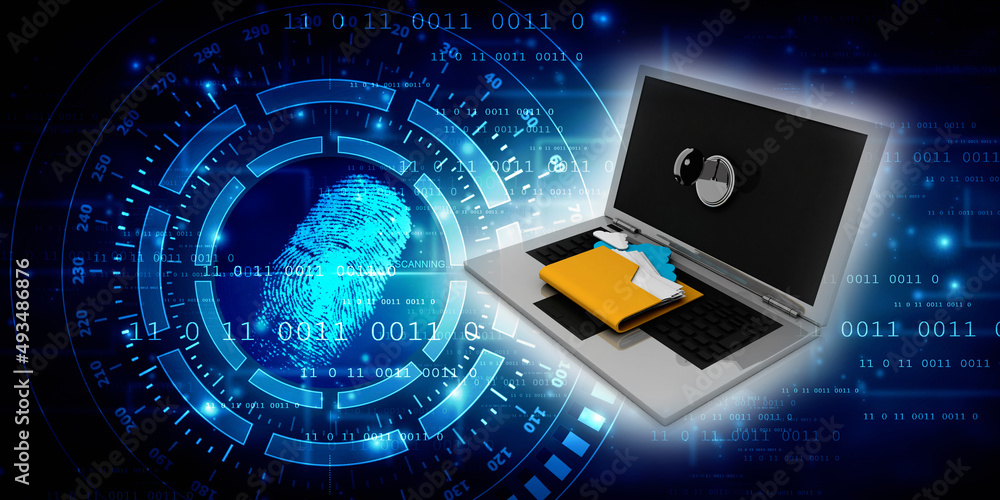 Poster 3d rendering folder on laptop with key protection