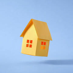 Floating model of a little yellow house on blue