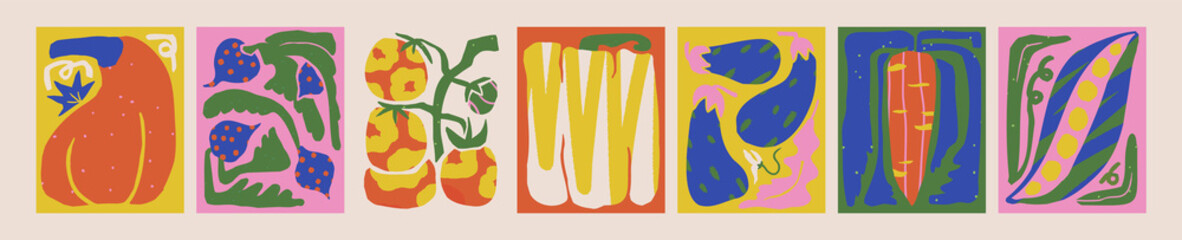 Collection of different crazy abstract vegetables. Tomato, eggplant, carrot, pepper, pumpkin, beans doodle for print, wrapping, posters and packaging design. Botanical illustration in paper cut style.