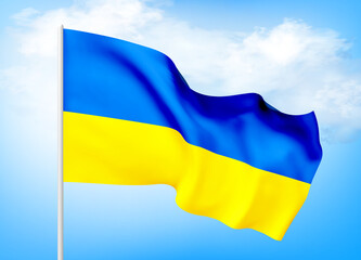 Flag of Ukraine against a clear blue sky. The symbol of patriotism of the Ukrainian nation, a blue-yellow silk banner, flutters in the rays of light. Vector 3d realistic illustration. Vector EPS10